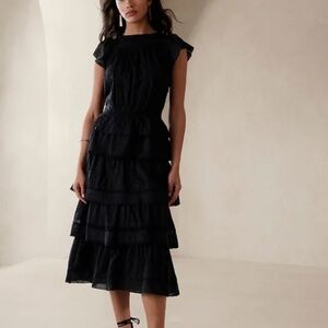 Banana Republic Selene Embroidered Romantic Victorian Safari Voile Black Dress